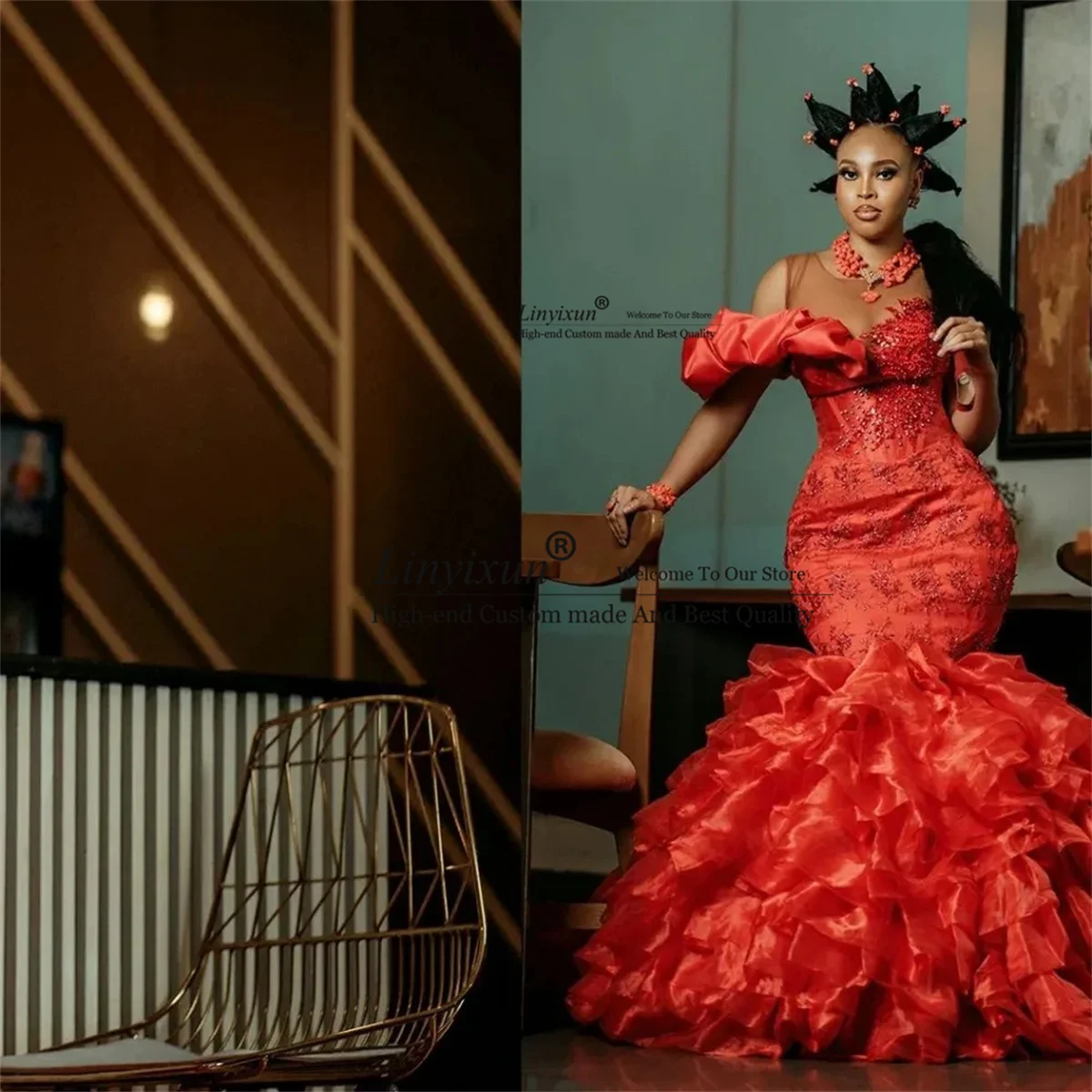 Оборки пышные платья русалки для выпускного вечера с прозрачной горловиной