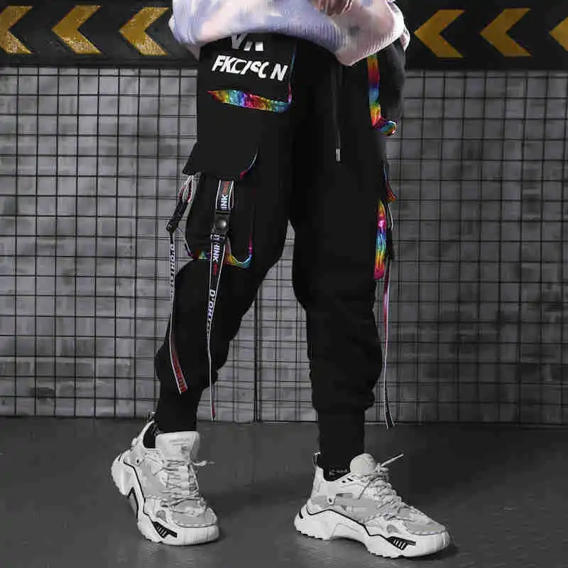 2023 Hip Hop Joggers Men Letter Ribbons Cargo Pants Pockets Track Tactical Casual Techwear Male Trousers Sweatpants Streetwear