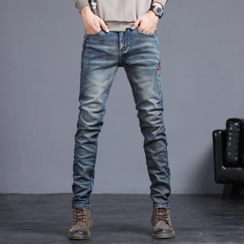 

Новинка 2023, мужские облегающие джинсы стрейч, модные повседневные хлопковые джинсовые облегающие брюки, мужские брюки в Корейском стиле, уличная одежда, брендовая одежда 38