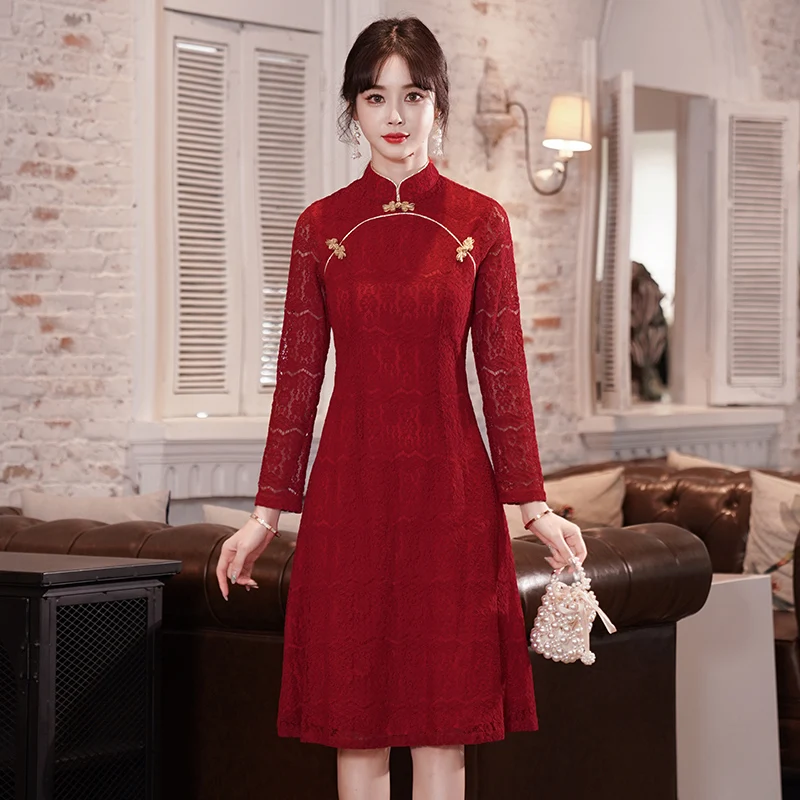 

Традиционная Женская одежда Qipao в китайском стиле ретро Осень Новый Чонсам Свадебное Обручальное Платье женское