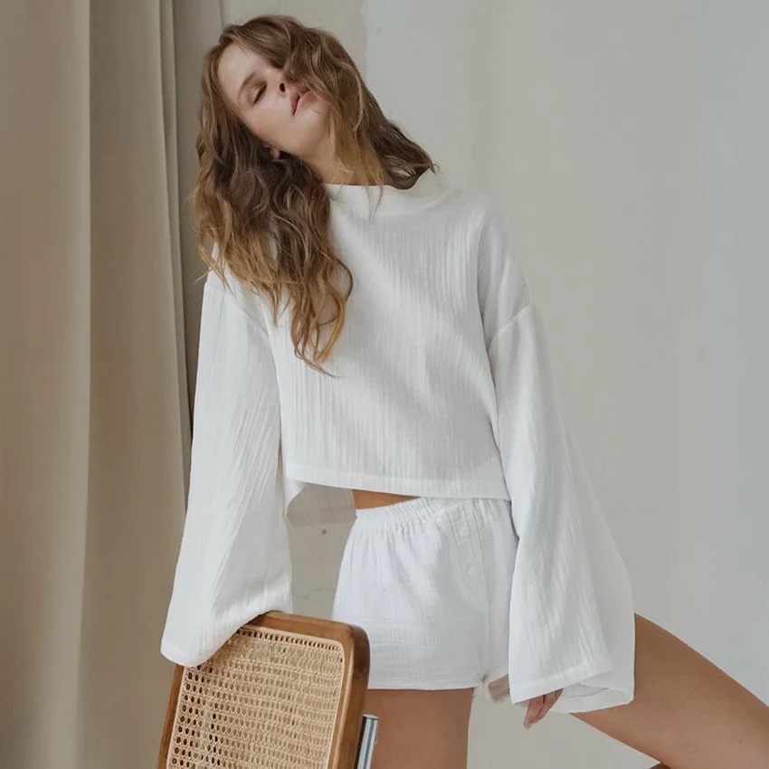 

Loose Women's Home Clothes White Long Sleeve O Neck 2Piece Sets Sleepwear Cotton Female Casual Trouser Suits Autumn pijama short
