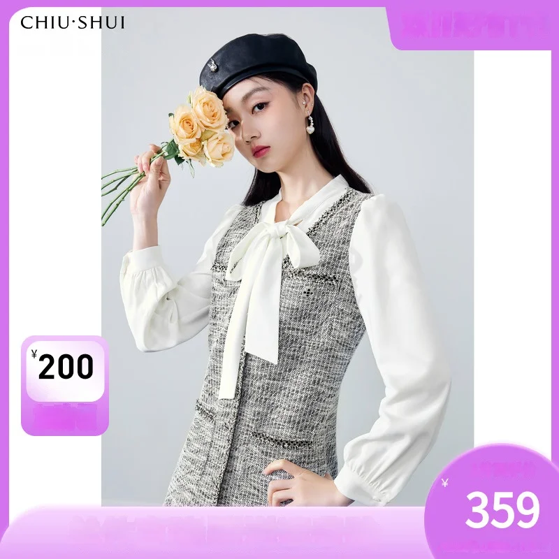 Chiu · Shui лоскутное клетчатое платье из двух частей с бантом Новинка Осень-зима 2023