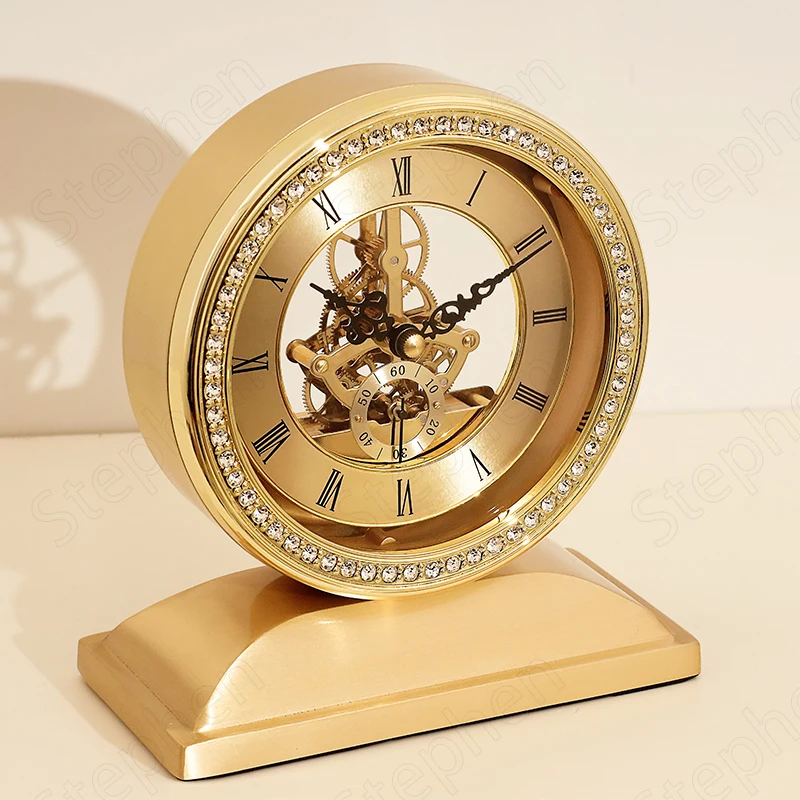 

American Pure Brass Table Clock European Modern Luxury Rhinestone Embellishment Golden Clock for Table Living Room Decoration
