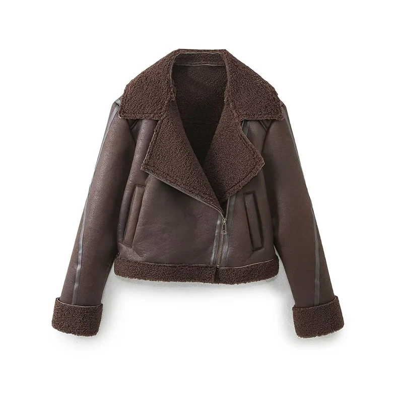 

Женские флисовые короткие куртки SLTNX TRAF, зимняя Толстая теплая мотоциклетная куртка, пальто, женская уличная одежда на молнии спереди, 2023