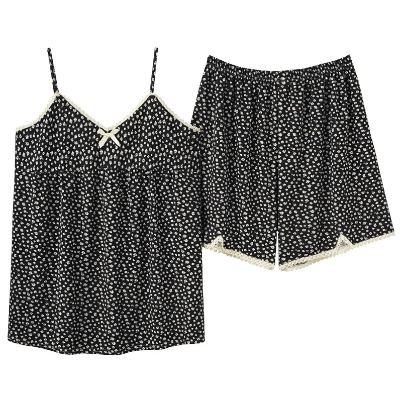 CAIYIER Flower Girls Nightwear V-Neck Sling Top + Long Pants Sexy Sleepwear For Women Leisure Pajamas Set Summer Lingerie Sets