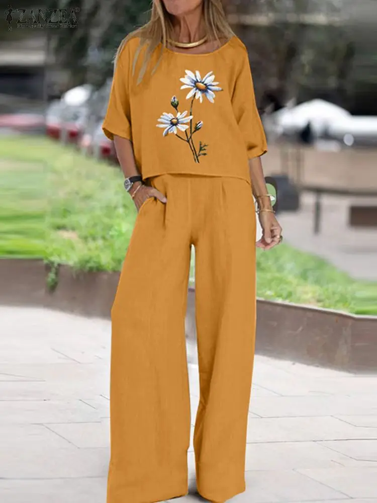 

Summer Women Tracksuits ZANZEA 2PCS Fashion Short Sleeve Blouse Trouser Suit OL Work Pant Sets Casual Floral Print Matching Sets