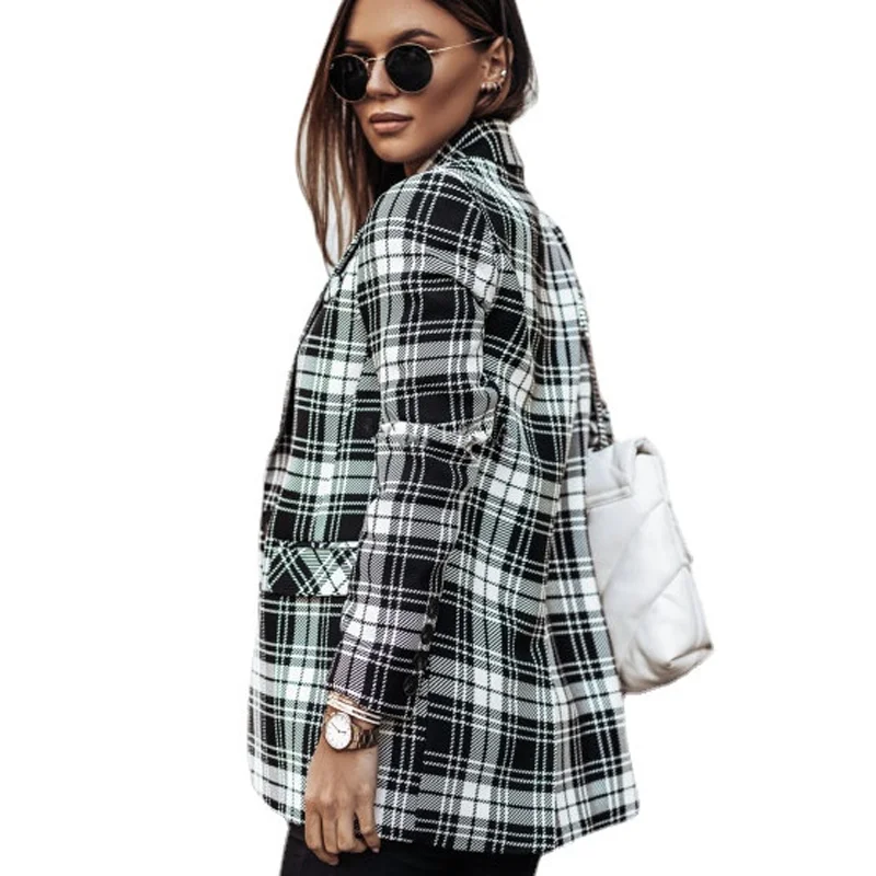 2023 Autumn Plaid Women Blazer Coat Single Breasted Pocket Long Sleeve Female New Blazers Office Casual Ladies Outerwear