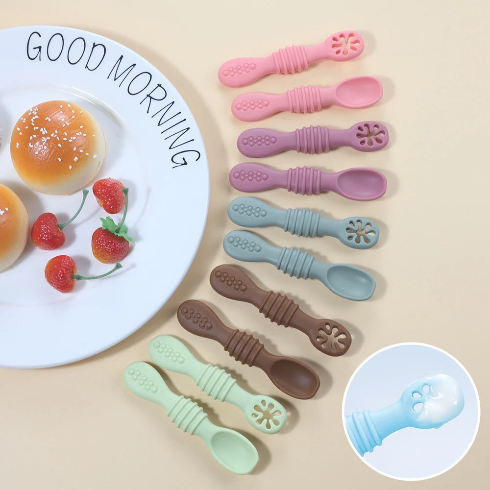 

2Pcs Baby Silicone Learning Spoons BPA Free Utensils Set Toddler Tableware Solid Feeding Baby Weaning Training To Eat Food Mush