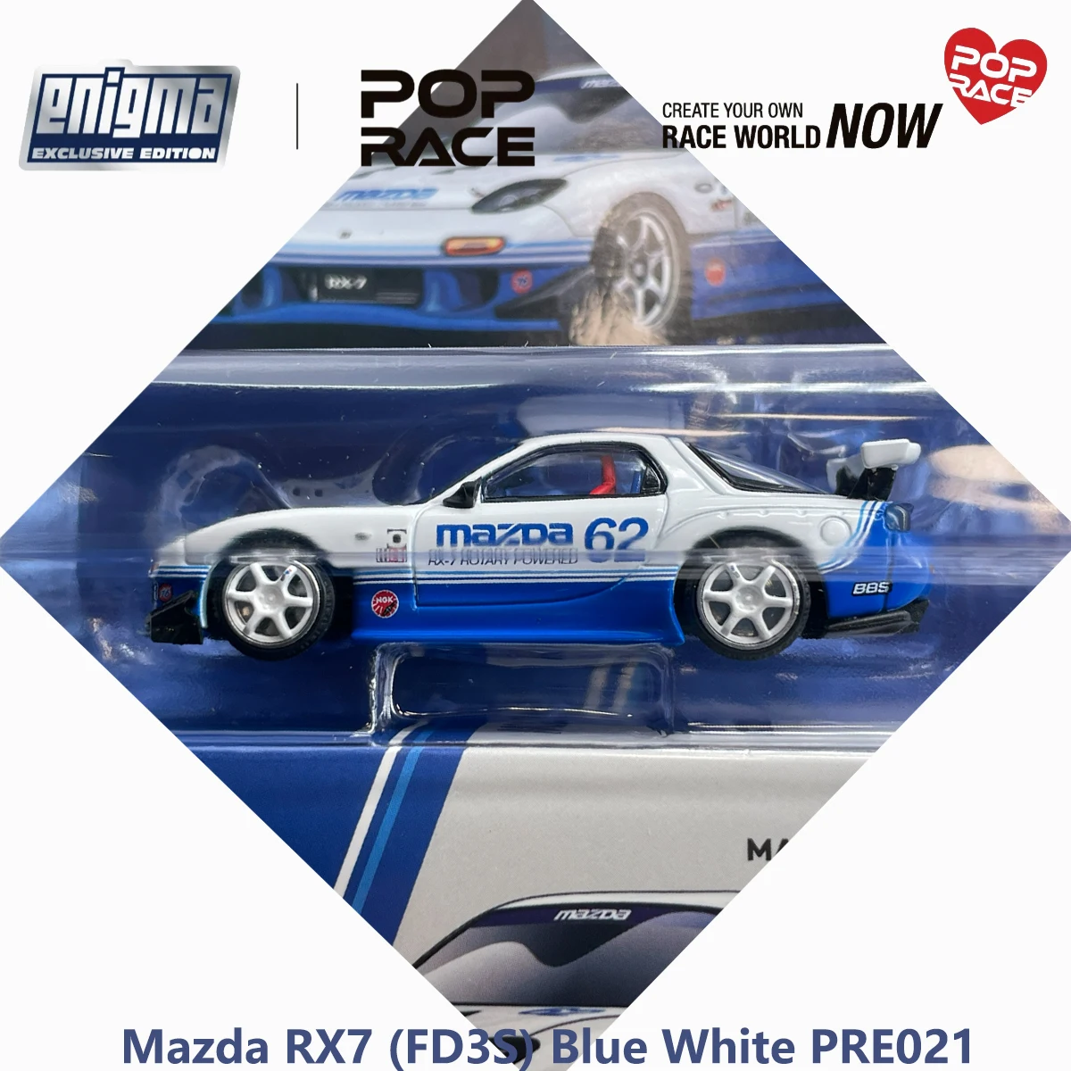Фото Блистерная упаковка Pop Race PRE021 1:64 Mazda RX7 FD3S RE-Amemiya # 62 эксклюзивных коллекционных моделей автомобилей Enigma в сине-белом цвете, из сплава, JDM №1