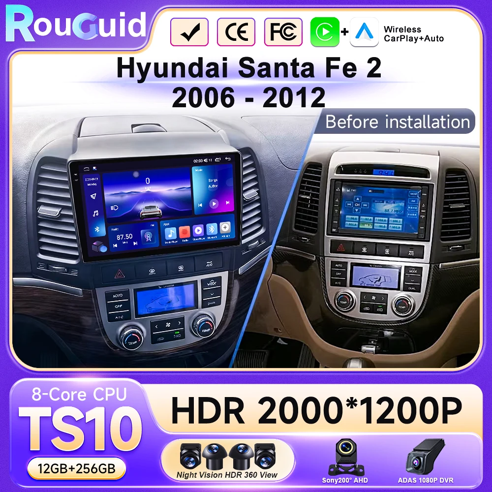 Фото Автомагнитола Android с беспроводным CarPlay для Hyundai Santa Fe 2 2006-2012, интеллектуальные системы DSP, SWC, RDS, GPS, FM, BT №2