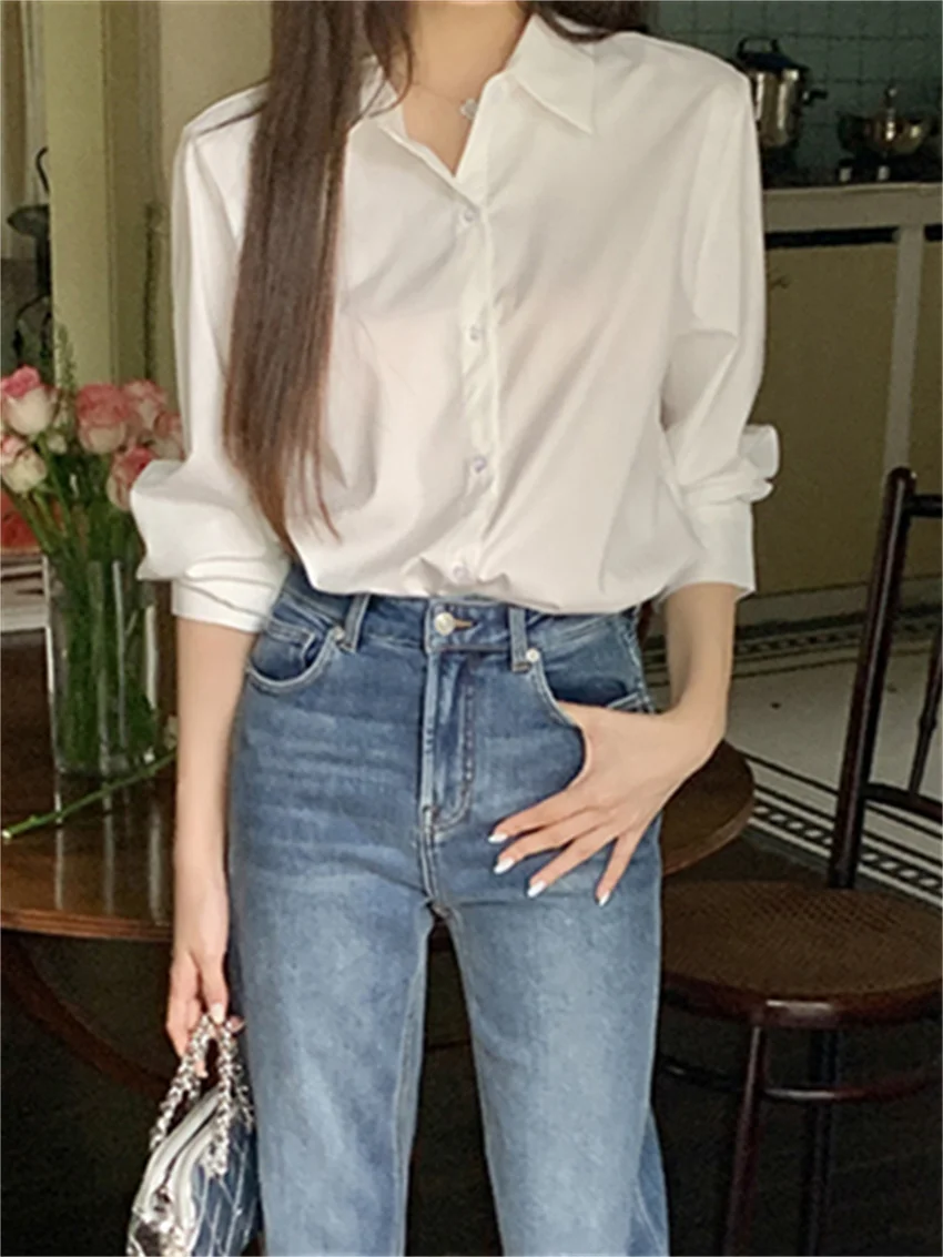 Женская Однотонная рубашка Alien Kitty белая элегантная Свободная Повседневная