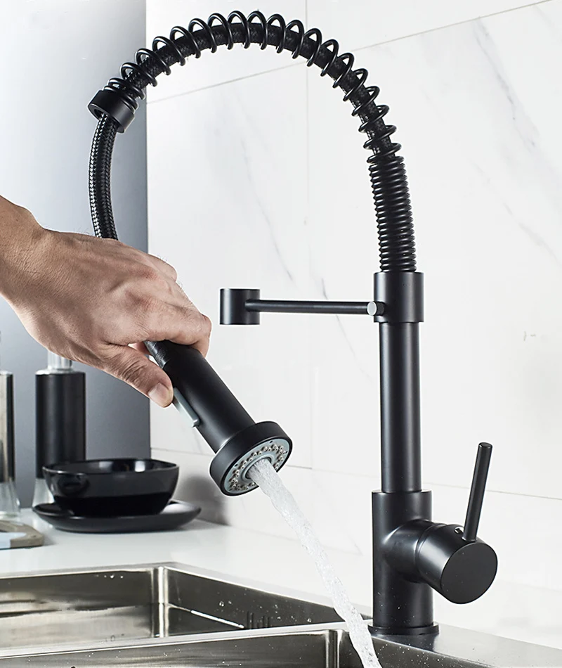 

Brass Black Kitchen Faucet Pull Out 360 Degree Swivel Spring Single Handle Hole Hot Cold Mixer Water Tap With 2 Water Intel Pipe