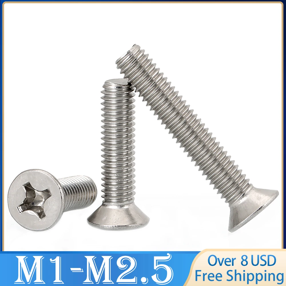 100pcs M1 M1.2 M1.4 M1.6 M2 M2.5  A2-70 304 Stainless Steel GB819 Cross Phillips Flat Countersunk Head Screw Bolts Length 2-18mm