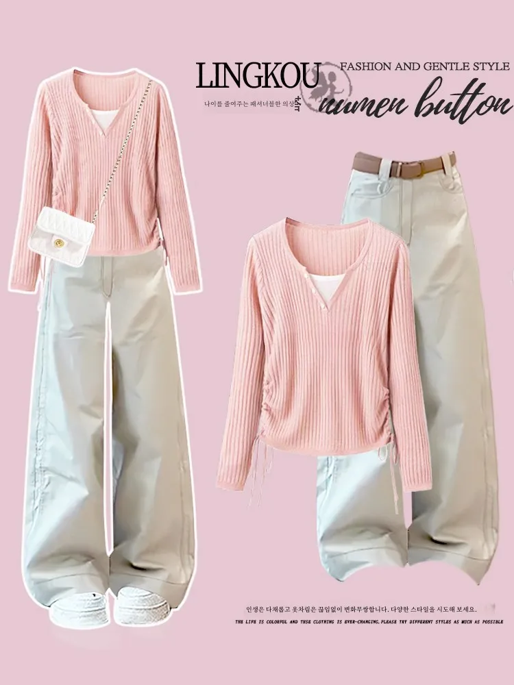 Женский Осенний деловой костюм элегантный вязаный повседневный комплект из двух