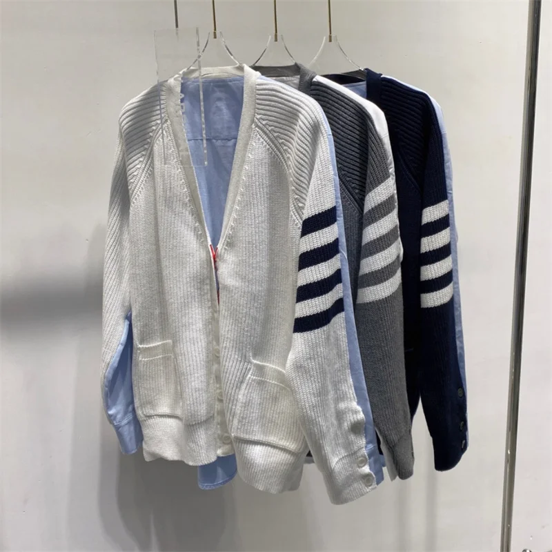 Knitted Cardigan 22 Autumn and Winter TB School Wind Holiday Two Shirts Stitching Sweater Bottoming Niche Design Coat