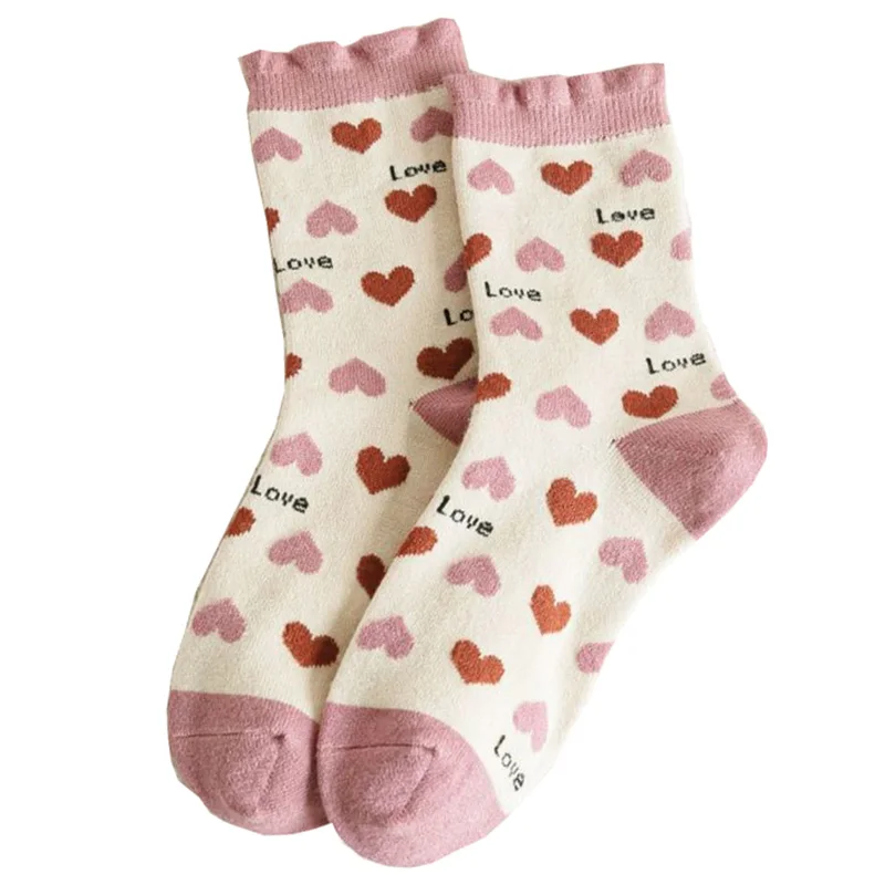 5 Pairs Fruit Print Wool Socks Women Love Heart Keep Warm Winter Socks Set Thick Long Leg Warmers Kawaii Socks Woman Fashion New