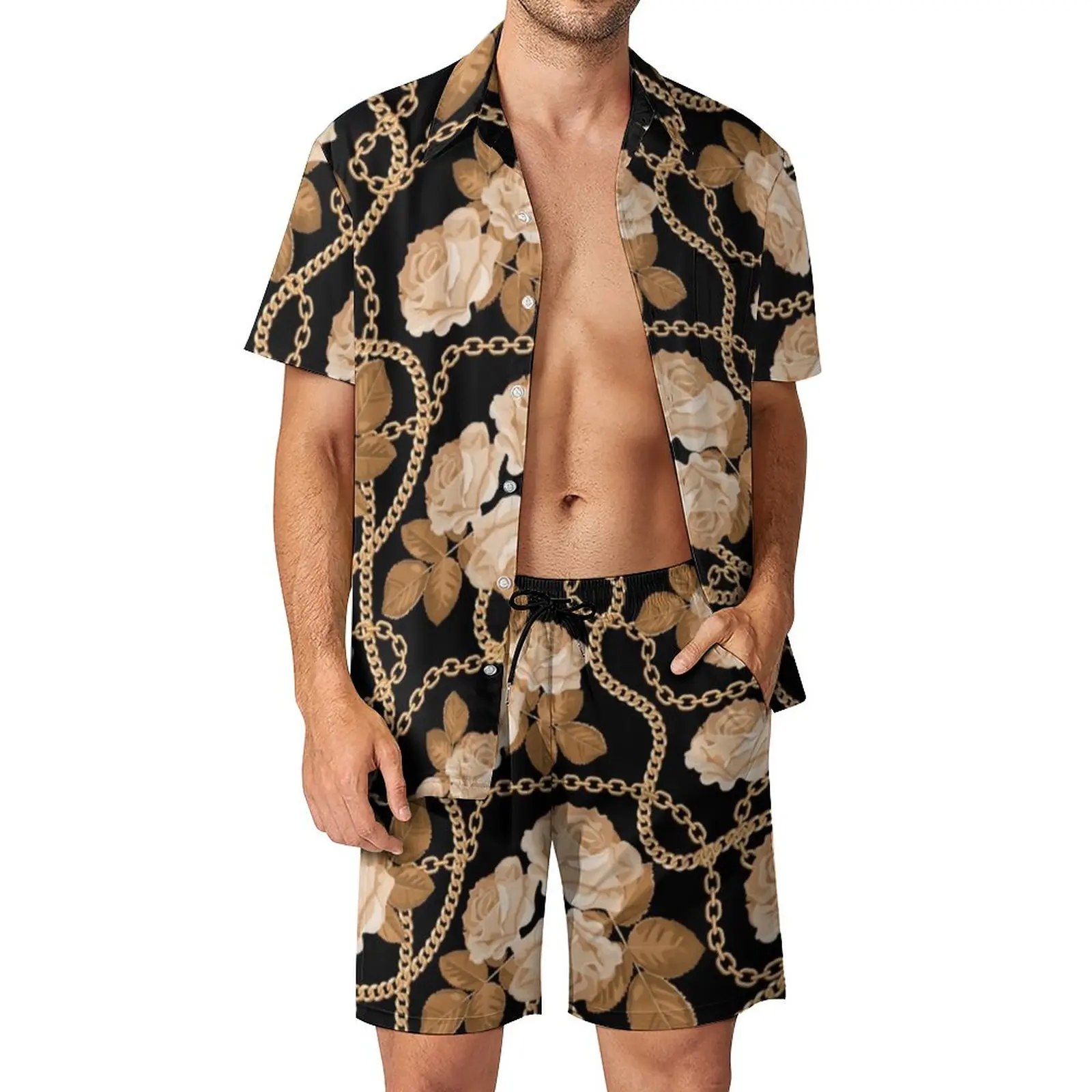 

Gold Chain Print Men Sets Rose Flower Cool Casual Shirt Set Short-Sleeve Pattern Shorts Summer Vacation Suit Plus Size 2XL 3XL