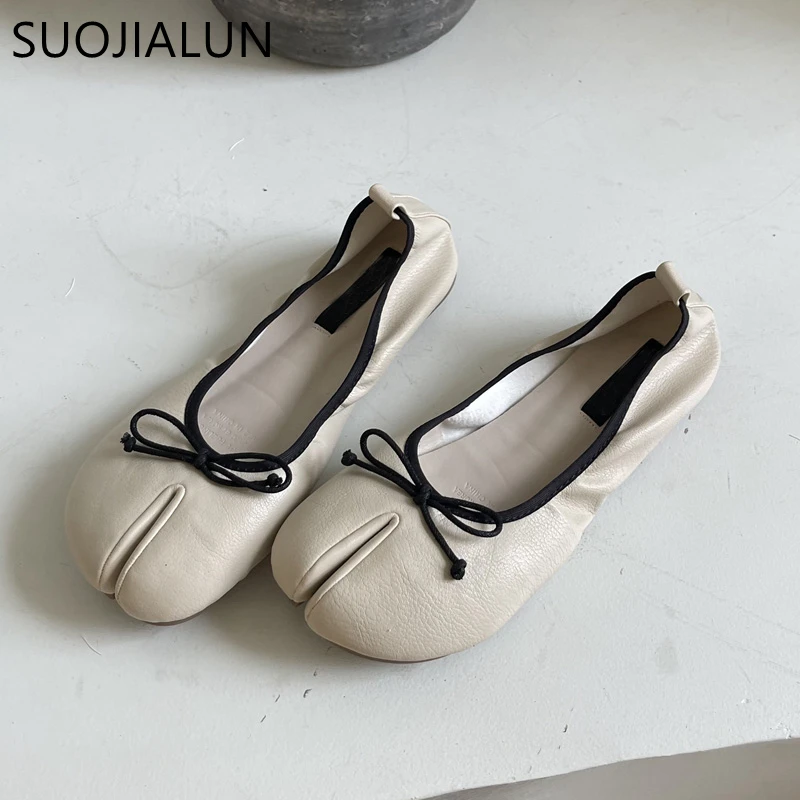 SUOJIALUN 2022 Summer 2022 Women Flat Shoes Fashion Split Toes Ladies Soft Casual Loafer Shallow Slip On Dress Ballerina Mujer