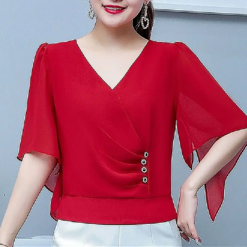 Short-sleeved chiffon shirt women's 2021 new summer dress Korean style fashion loose v-neck top  tshirt women  Tops