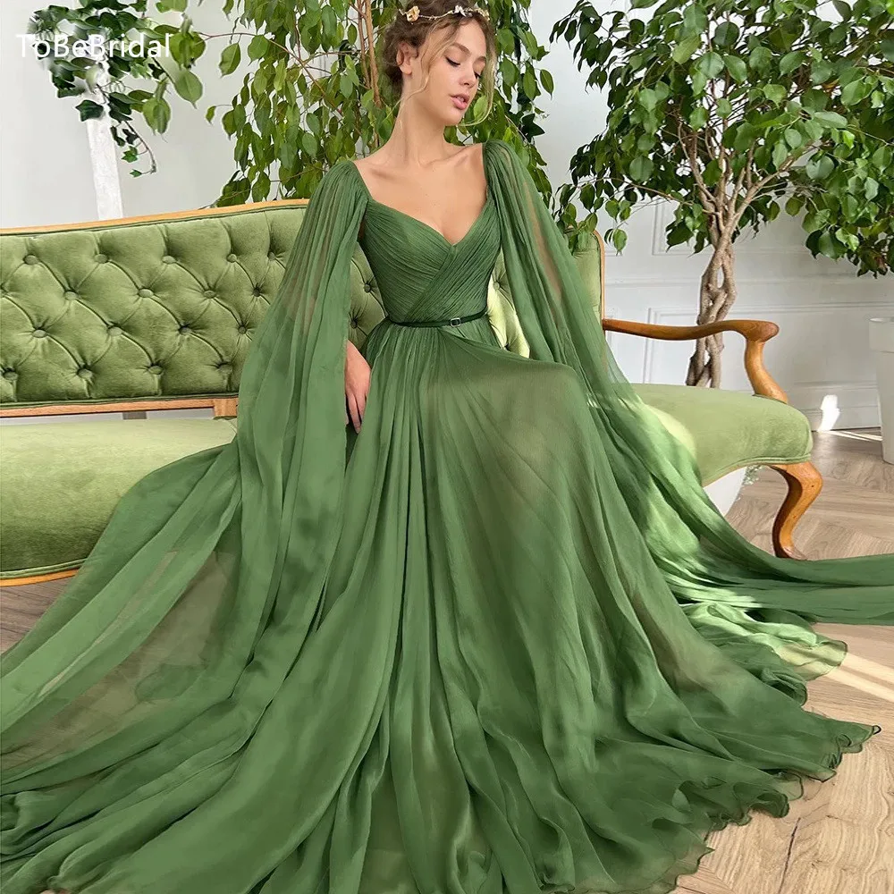 

Элегантное зеленое летнее шифоновое банкетное вечернее платье, соблазнительное платье с V-образным вырезом, шалью и длинным рукавом, в пол, женское платье для выпускного вечера