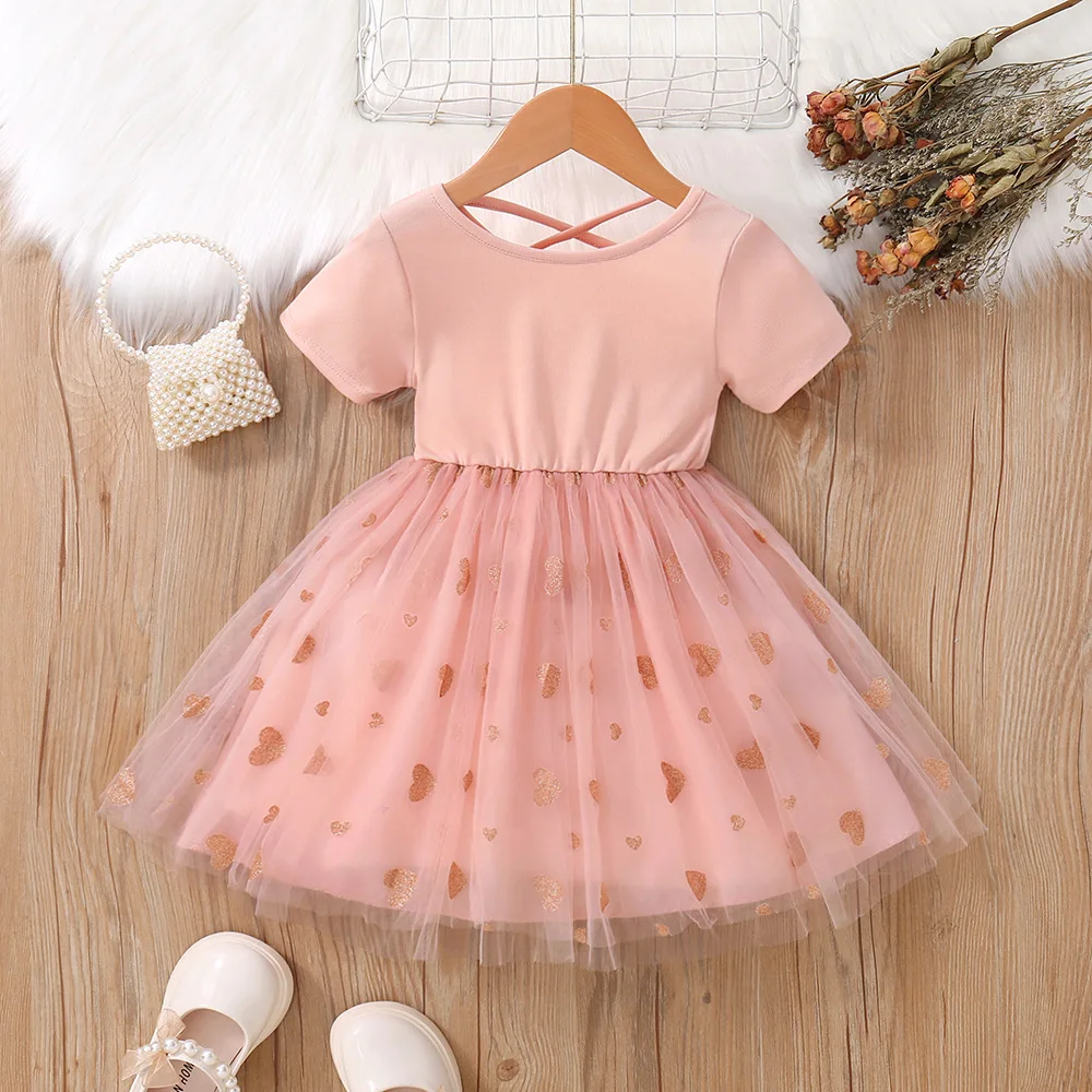 2024 Летнее Детское платье принцессы кружевное с милым принтом в виде сердца