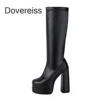 winter woman fashion new sexy platform square toe block heels knee high boots chunky waterproof clear heels boots 44 45 46 47 48