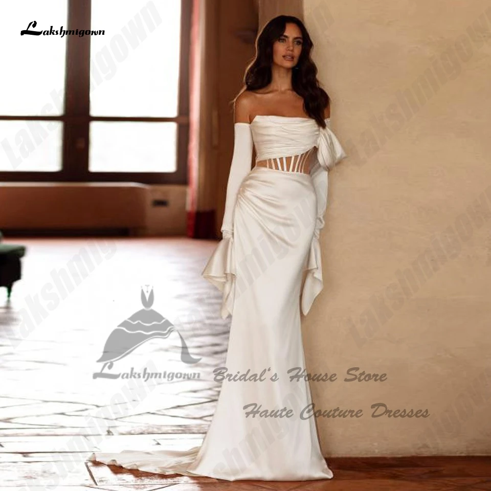 

Lakshmigown Classic Satin Mermaid Wedding Gowns 2023 Robe Boheme Sexy Brial Beach Long Sleeve Wedding Dresses Off Shoulder