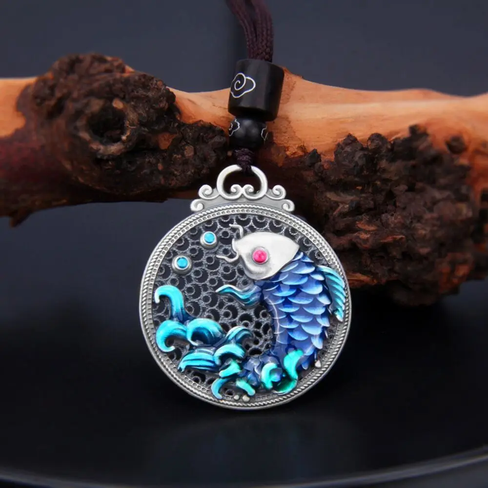 

Pure S999 Sterling Silver Lucky Enamel Hollow Filament Fish Round Pendant 18g