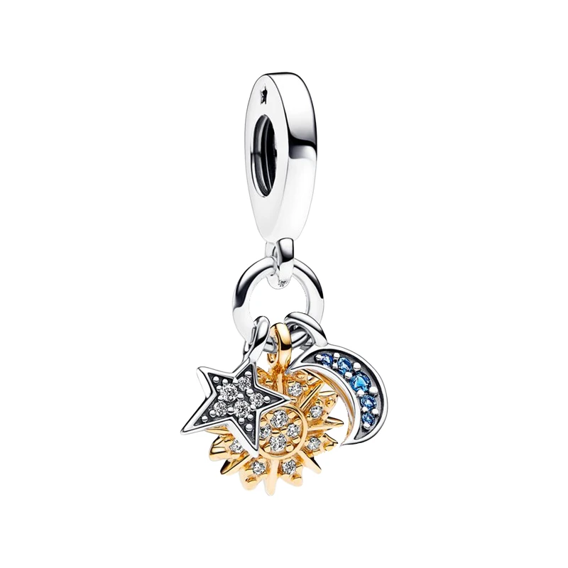 

Celestial Triple Pendants Charms For Women Jewelry Shine Gold Sun 925 Sterling Silver Crescent Moon Star Clear CZ Blue Crystals