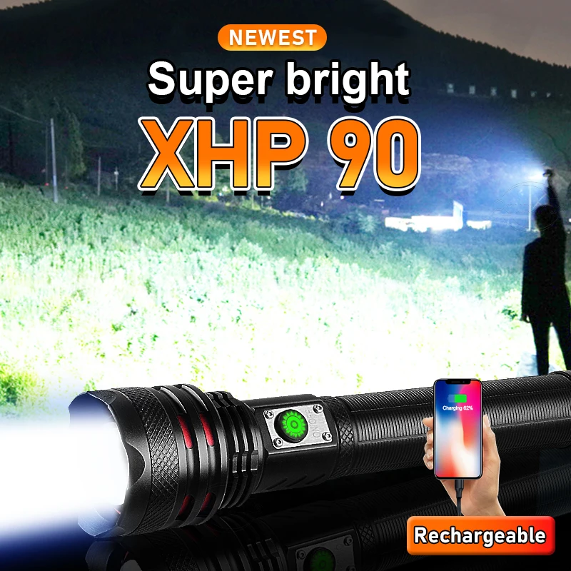 

New High Power Led Flashlights XHP199 Powerful Flashlight 18650 Type-C Rechargeable Torch XHP90 Tactical Flash Light For Hunting