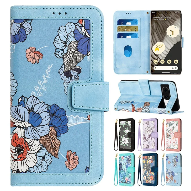 

Fashion Floral Printed Wallet Case for Google Pixel 8 8 Pro Pixel 7 7 Pro 7A 6A Card Slots PU Leather Flip Cover with Lanyard