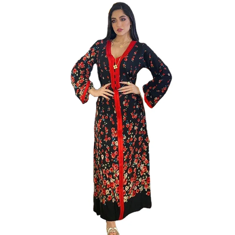 

New Middle East Muslim Women's Dress Arabian Robe Abaya Long Sleeve Printed Dress Robe Femme Musulmane Abayas For Women