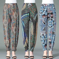 womens summer cropped pants casual elastic high waist floral print trousers woman streetwear ankle length harem pants for women