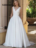 simple satin wedding dresses 2022 v neck sleeveless backless pleat court train vestido de novia a line bridal gowns for women