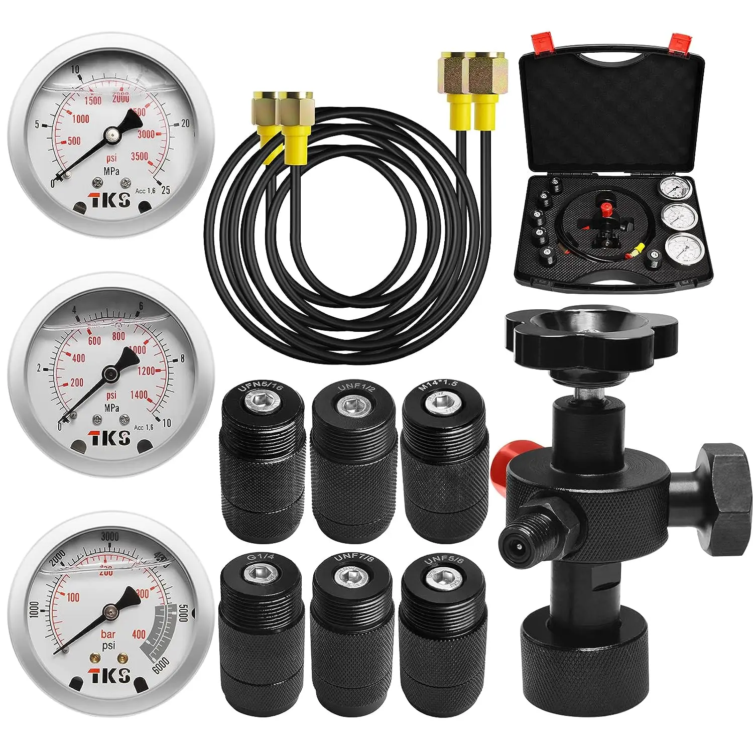 

Nitrogen Accumulator Charging Kit, Nitrogen Fill Kit, Nitrogen Pressure Test System with 7 Couplings, 3 Gauges, and 2 Gas Hose