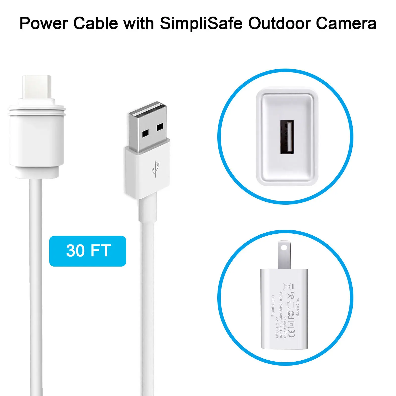 9m /30ft Charging Cable power for SimpliSafe Wireless Outdoor Security Camera with USB Port Fast Charger(white)