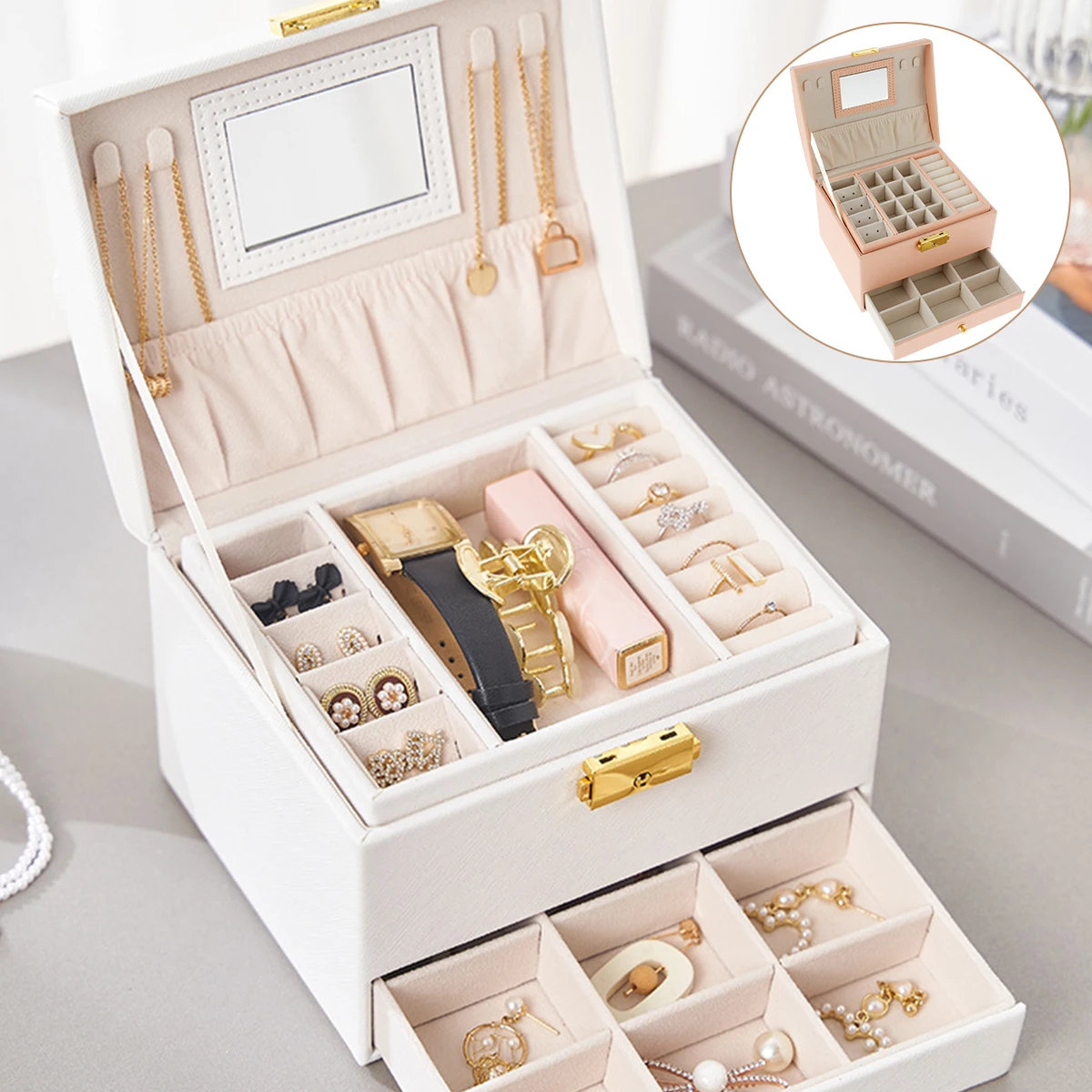 

Шкатулка для ювелирных украшений, органайзер из искусственной кожи с зеркальным двухслойным держателем для Хранения Драгоценностей, большой емкости