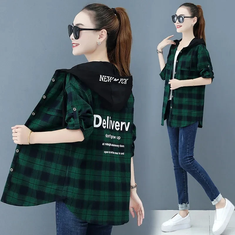 

Plaid hooded Shirt Women's Long-sleeved Coat 2022 New Spring Autumn Shirt Coat Korean Mid-length Jacket Top Loose Plus Size Coat