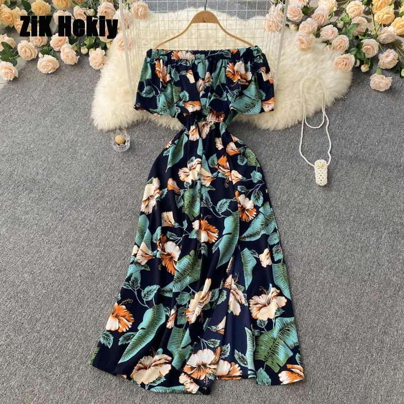 

Zik Hekiy Women Resort Style Fashion Casual Bohemian Ethnic Print Loose Big Swing Dress One Shoulder Dress Open Sexy Long Dress