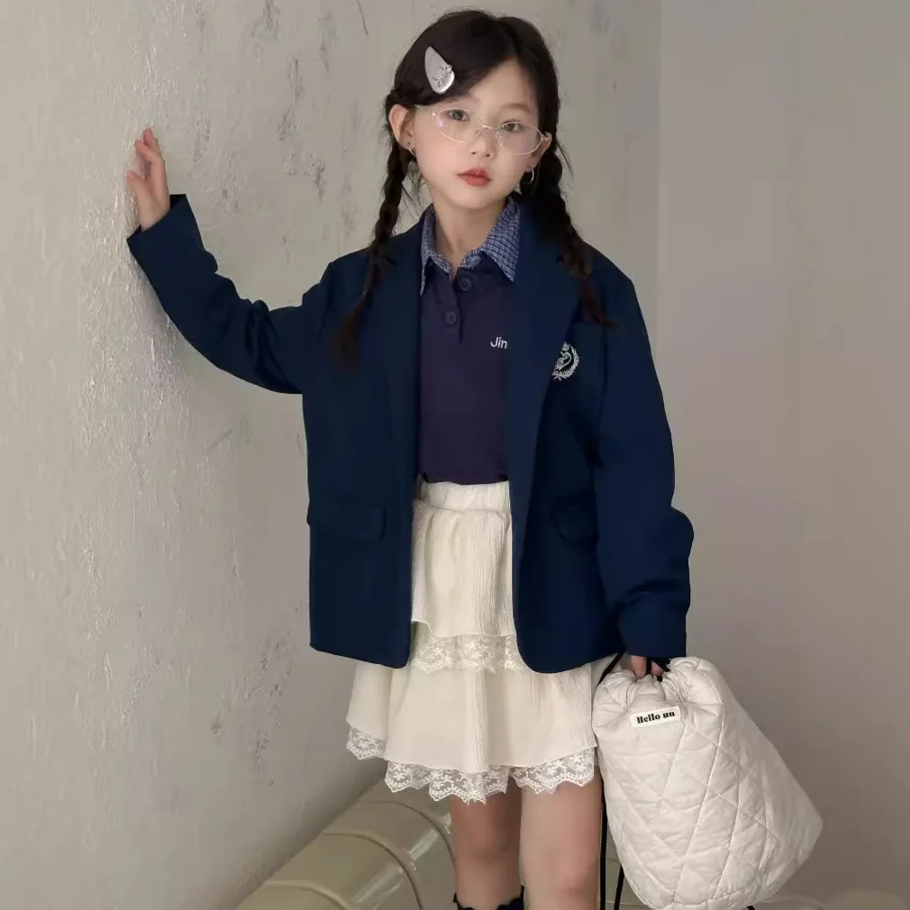 Свободное пальто для девочек осень 2024 новинка академический Детский костюм с