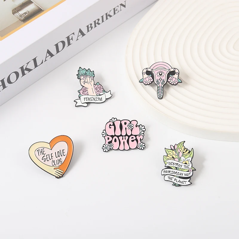 Girl Power Enamel Pins Custom Self Love Club Uterus Brooches Lapel Badges Feminism Fist Jewelry Gift for Women Friends images - 6