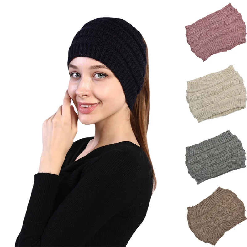 

Winter Women's Ponytail Beanie Hat Spring Stretch Knitted Crochet Beanies Cap Warm Ladies Hat Headband Streetwear Bonnet Femme
