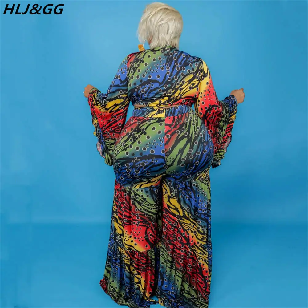 HLJ&GG Plus Size Retro Print Two Piece Sets Women V Neck Long Sleeve Crop Top + Wide Leg Pants Outfits XL-5XL Casual 2pcs Suits