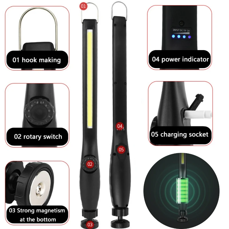 

5pcs 2000mah COB LED Work Light Portable Inspection Lights Emergency Flashlight Torch Stepless Dimming with Magnetic Hook