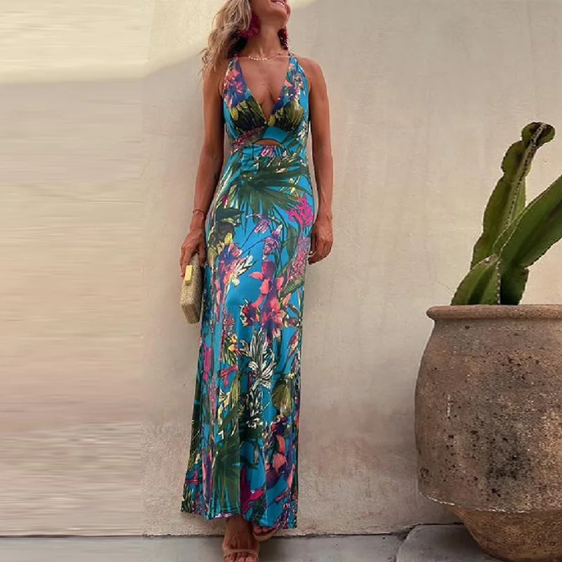 

Vocation Stitching Sleeveless Waist Maxi Dresses Lady Casual Open Back V-neck Long Dress Summer Print Pattern Women Party Dress