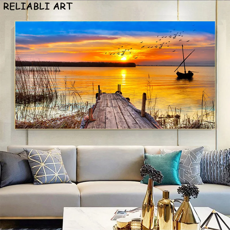 

Modern Landscape Canvas Painting Sea Sunset Wood Bridge Cloud Poster and Prints Wall Art For Living Room Home Decor No Frame
