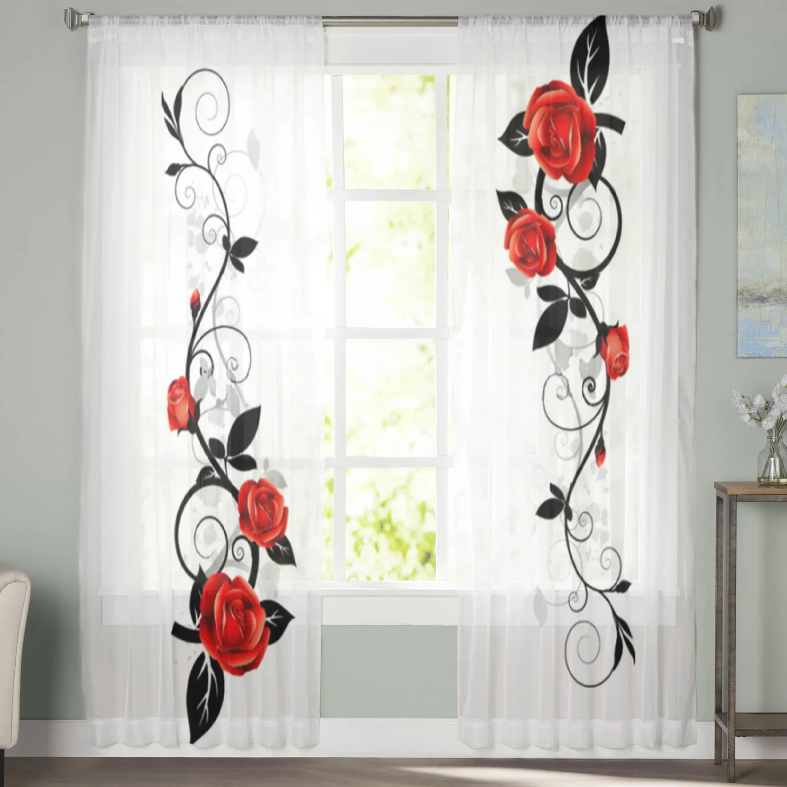 Красные и черные розы прозрачные занавески для гостиной спальни кухни оконные обработки панели драпировки.