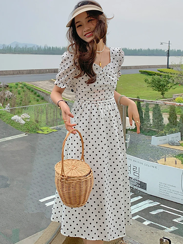 

White Polka Dot Puff Sleeve Square Collar Bow Long Dress Women Korean Vintage Hepburn Black Dress 2023 Summer Elegant Prom Dress