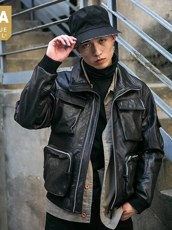 

Sheepskin Vintage Quality Mens High Real Leather Bomber Jacket Pockets Cargo Coat Moto Biker Autumn Windproof Loose Fit Jackets