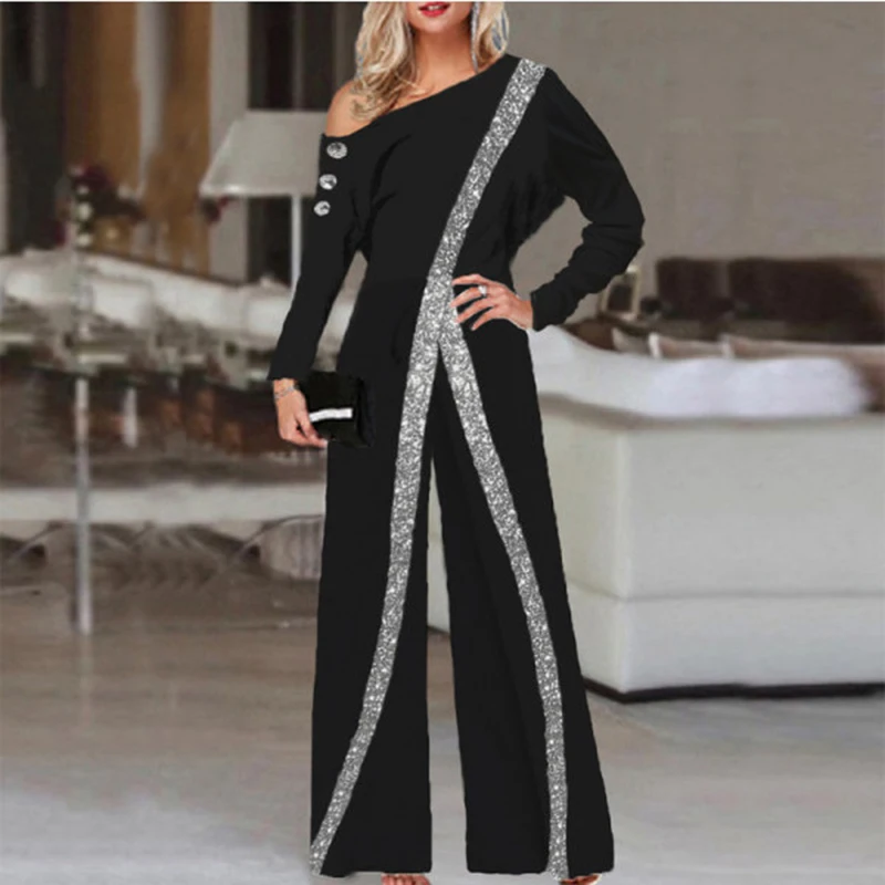 

Women Striped Glitter Sequin Patchwork Party Jumpsuit Spring Autumn New Fashion Off Shoulder Romper Ladies Casual Wide Leg Pants